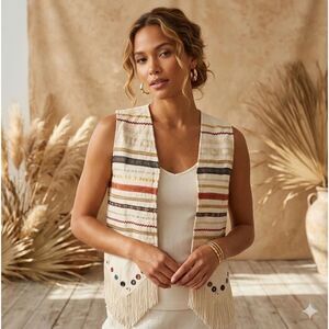 HG NY Vest Womens Sz L Fringe Ribbon Velvet Floral Cotton Boho Festival Hipster